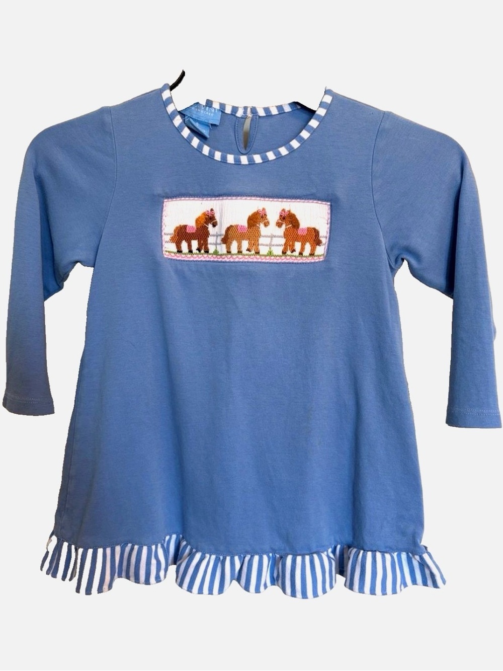 Anavini Girls Hand Smocked Horse Top Size 6 Blue Ruffle 100% Cotton